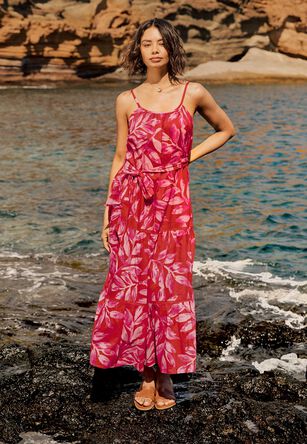 Womens Red Cotton Floral Print Maxi Dress