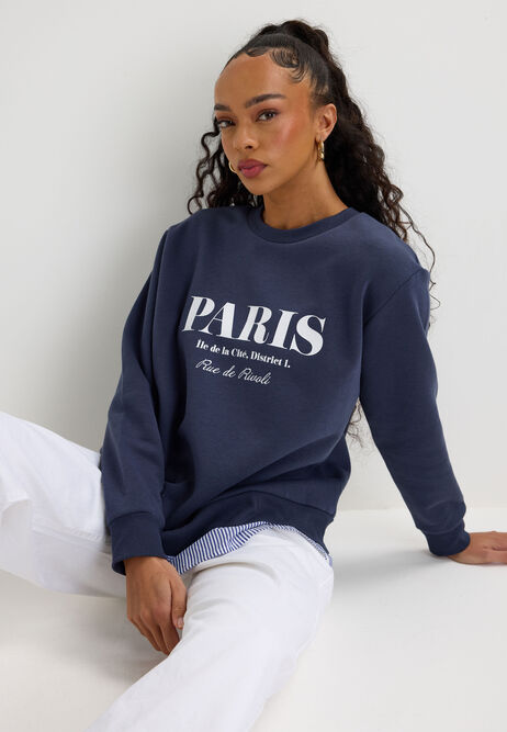 Womens Navy Paris Slogan 2 in 1 Shirt & Sweatshirt