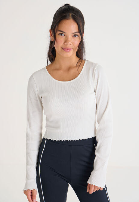 Older Girls Cream Ribbed Scoop Neck Top