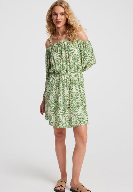 Womens Green Palm Bardot Tea Dress