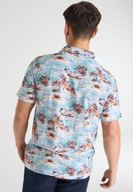 Mens Blue Hawaiian Palm Print Shirt