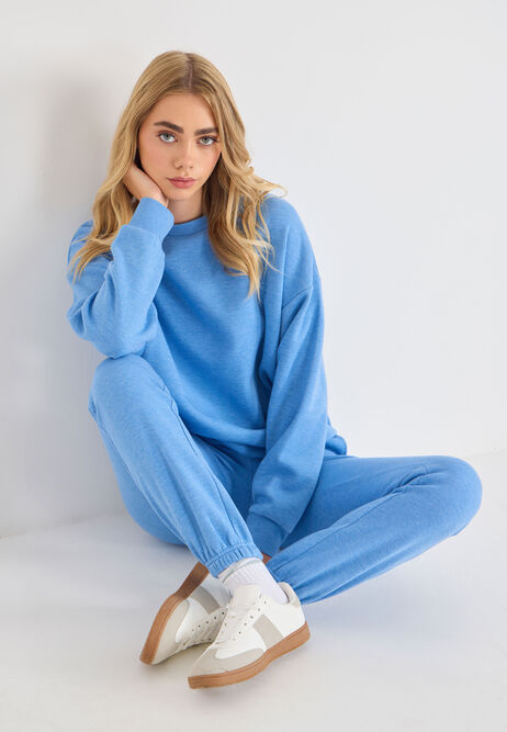 Womens Blue Plain Cuffed Joggers