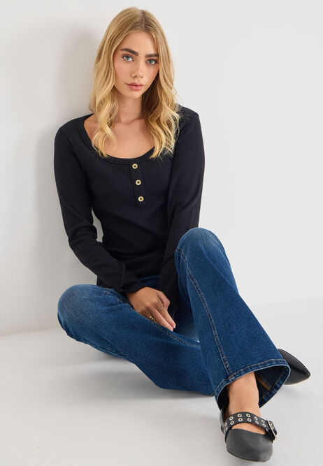 Womens Black Ribbed Placket Detail Top