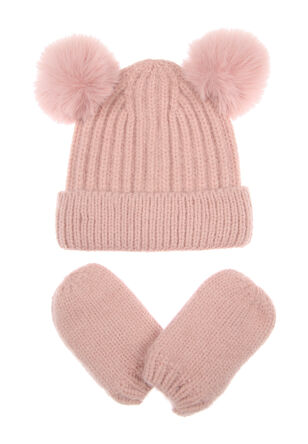 Baby Girls Pink Ribbed Pompom Hat and Mitten Set