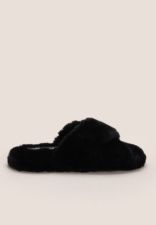 Womens Black Faux Fur Slippers