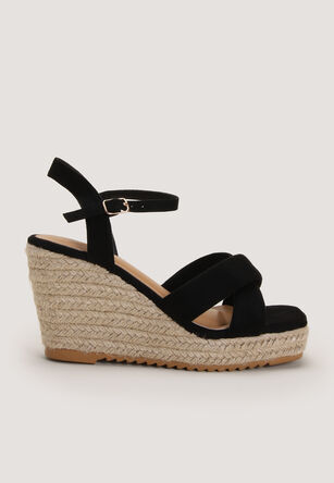 Womens Black Crossover High Espadrille Wedges