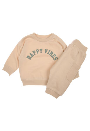 Baby Boy Stone Happy Vibes Slogan Sweatshirt & Joggers Set