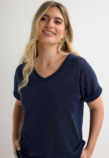 Womens Navy Plain Linen V-Neck Top