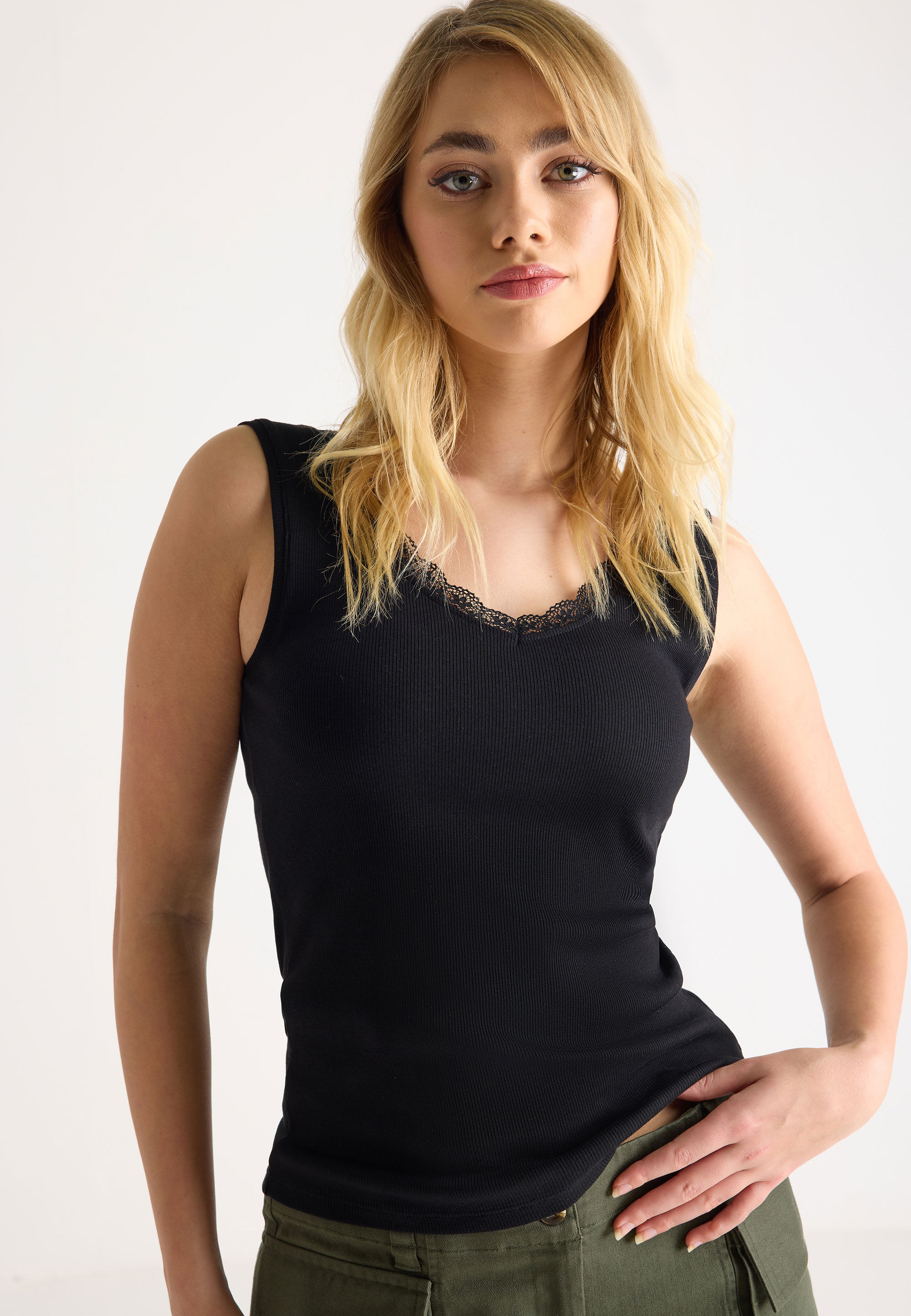 Womens Black Lace Trim Ribbed Vest Top