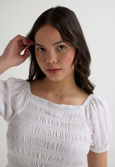 Older Girls White Shirred Puff Sleeve Top