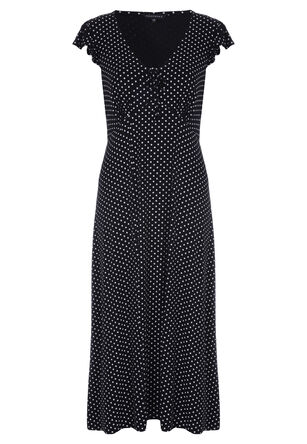 Womens Black Polka Dot Frill Sleeve Midi Dress