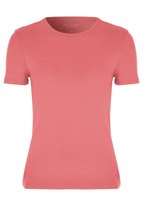 Womens Pink Plain Fitted Crew Neck Top
