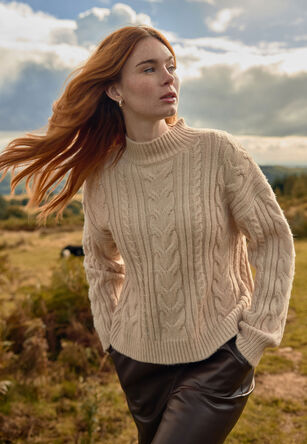 Womens Neutral Cable Knit Turtle Neck Knitted Jumper