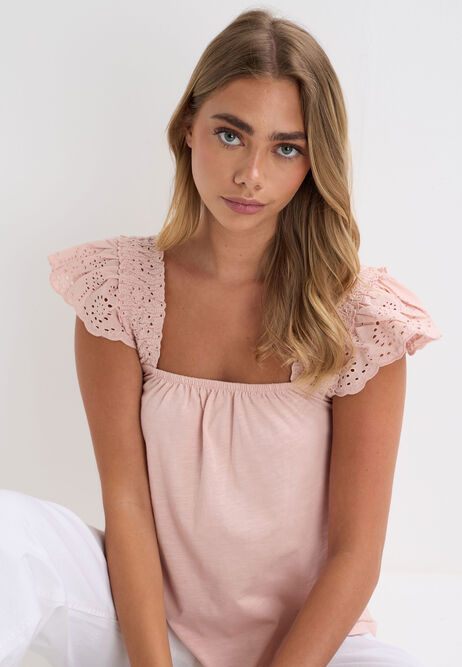 Womens Pink Square Neck Broderie Frill Sleeve Top