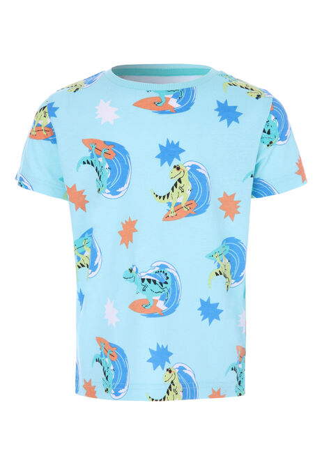 Younger Boys Blue Dinosaur Surfing T-shirt