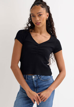 Womens Black Ruched Short Sleeve Top