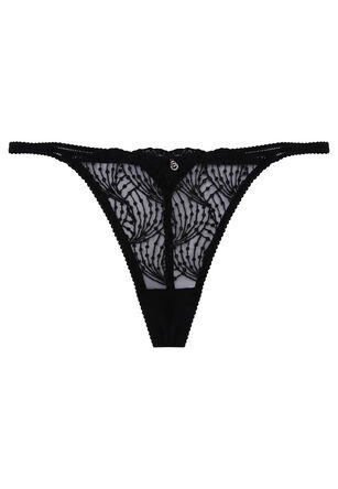 Womens Black Embroidered Thong
