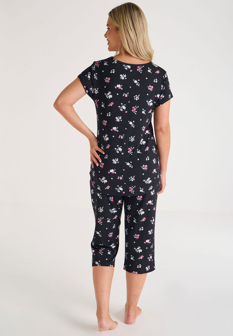 Womens Black Floral Print Soft Touch Pyjamas Set