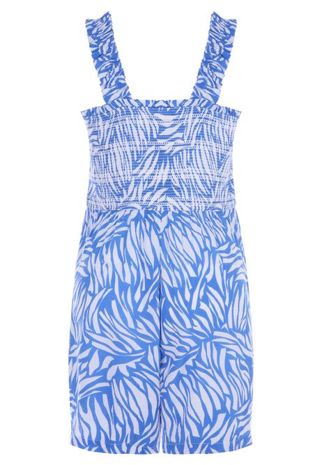 Womens Blue & White Leaf Print Shirred Short Playsuit