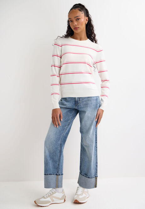 Womens Cream & Pink Stripe Crew Neck Jumper