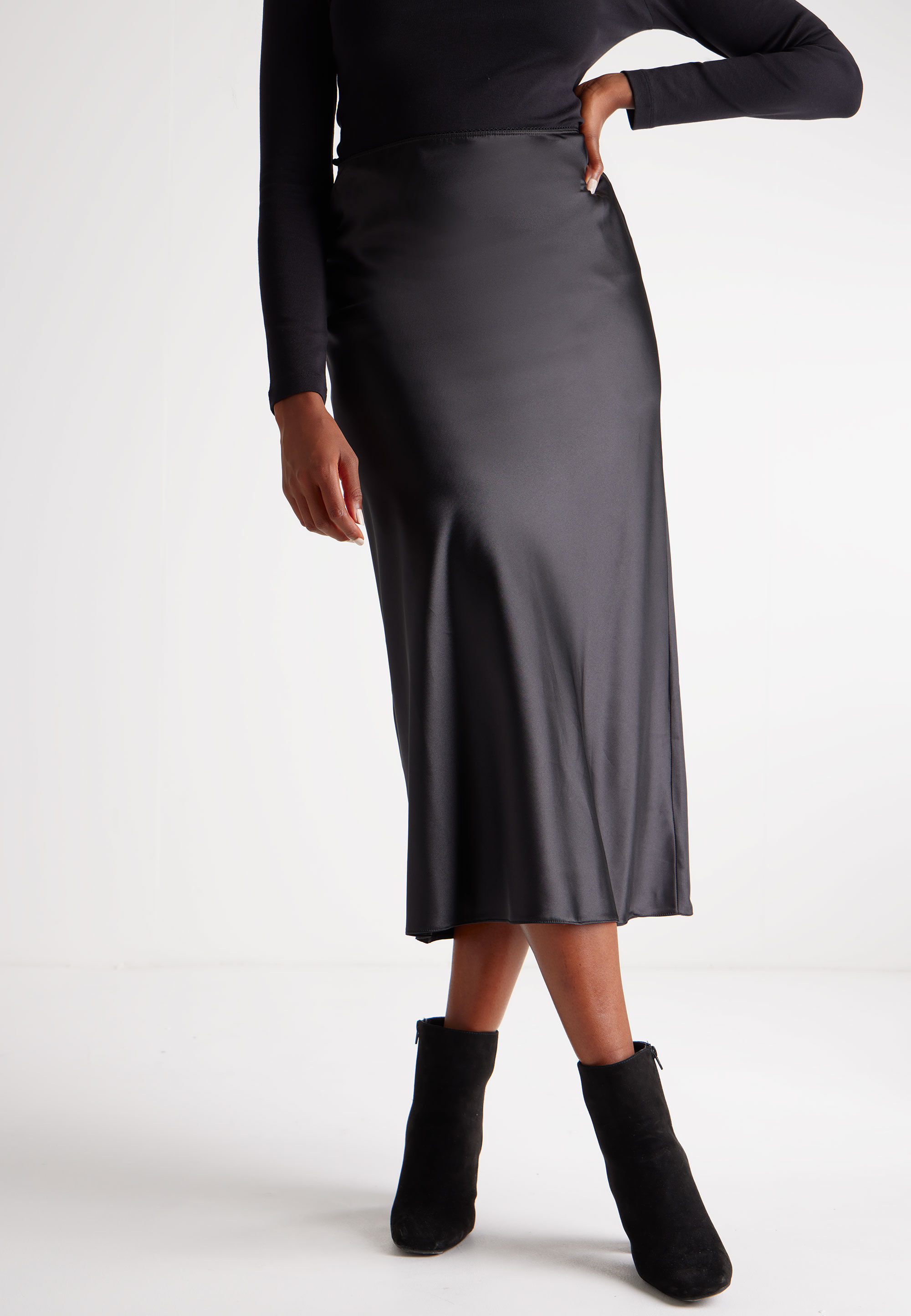 Black satin midi skirt uk hot sale
