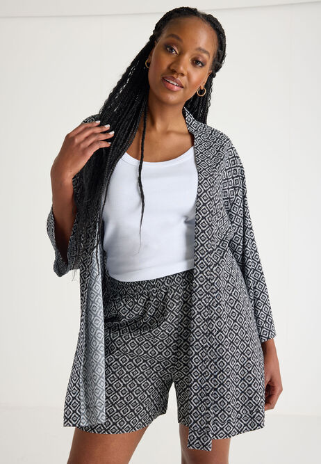 Womens Black Geo Print Kimono