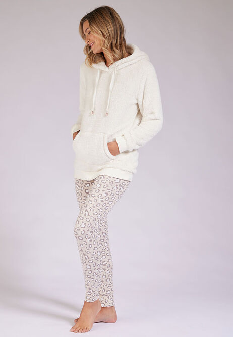 Womens Cream Leopard Print Hoody Pyjama Set