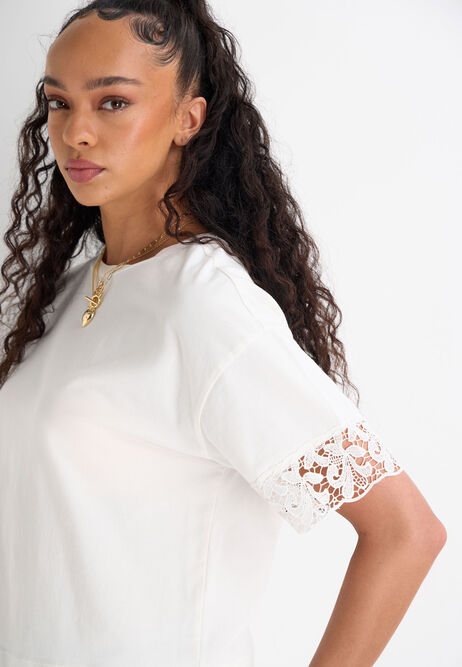 Womens Cream Acid Wash Short Lace Sleeve T-shirt