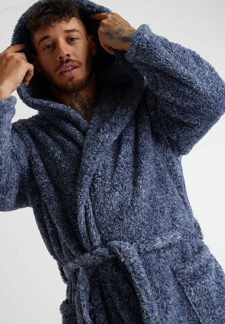 Mens Navy Sherpa Dressing Gown