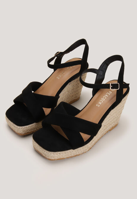 Womens Black Crossover High Espadrille Wedges