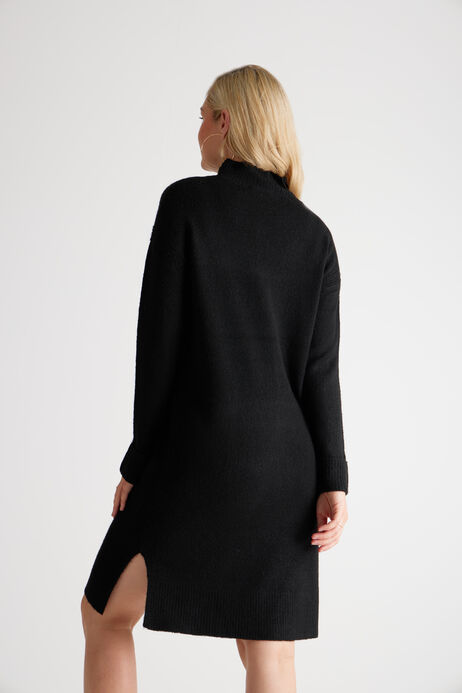 Womens Black Knitted Jumper Dress with Button Cuff Detail