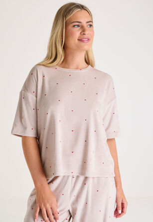 Womens Cream Heart Print Fleece Pyjama Top
