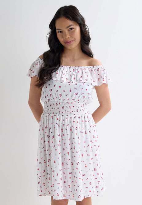 Older Girls White Floral Frill Off Shoulder Dress