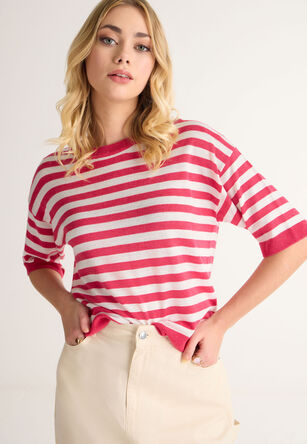 Womens Red Stripe 3/4 Sleeve Jumper T-shirt