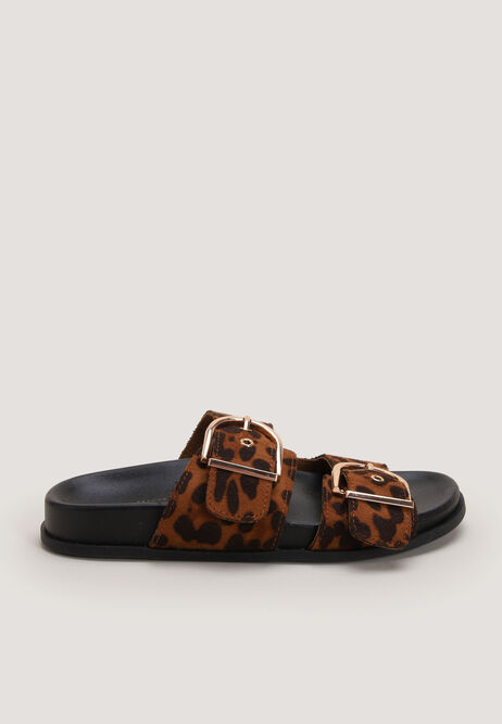 Womens Brown Leopard Print Oversized Buckle Footbed Sandals