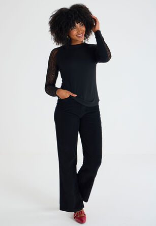 Womens Black Ribbed Long Sleeve Lace Top