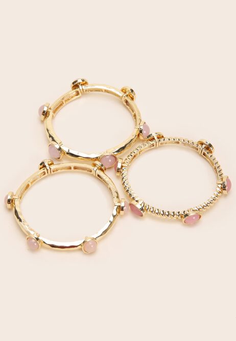Womens 3pk Gold & Pink Stone Boho Bangle Bracelets