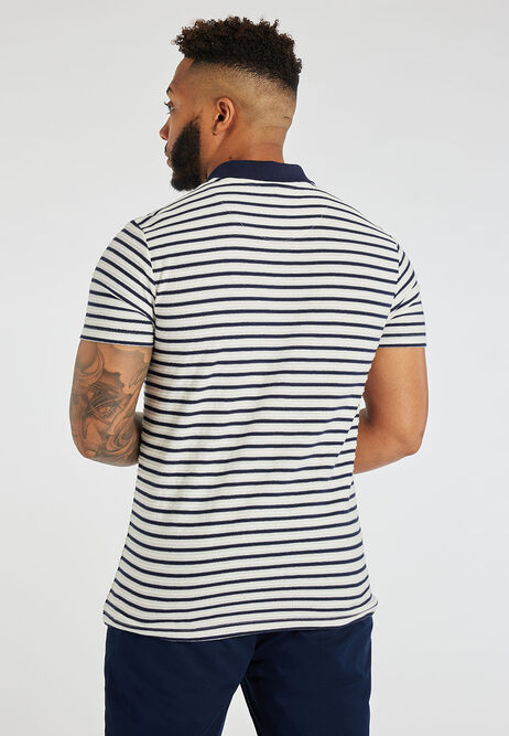 Mens Ecru & Navy Horizontal Stripe Polo Shirt