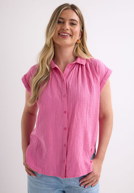 Womens Pink Crinkle Texture Double Cotton Shirt