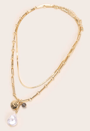 Womens Gold 3 Row Pearl Charm Necklace