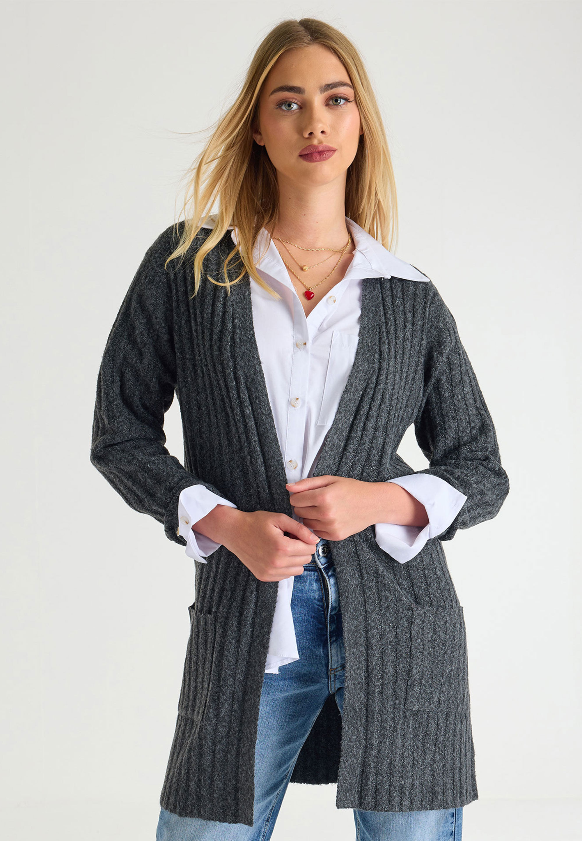 Womens Grey Ribbed Long Cardigan Peacocks