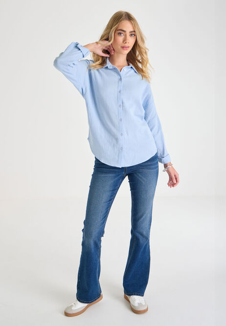 Womens Blue Double Cotton Long Sleeve Shirt