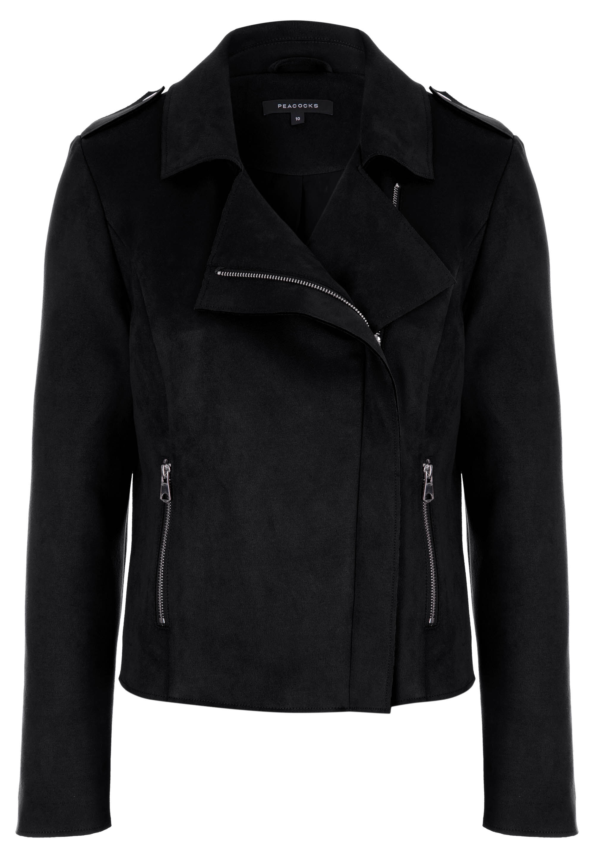 Womens Black Suedette Biker Jacket Peacocks