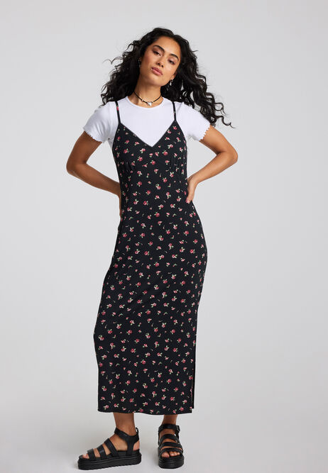 Womens Black Floral Midi Slip Dress