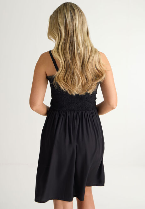 Womens Black Shirred Bodice Mini Dress