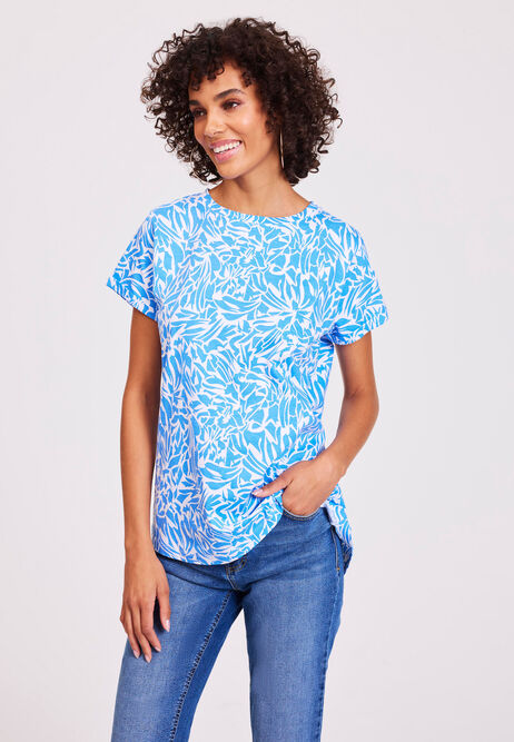 Womens Blue Abstract Print Roll Sleeve T-shirt