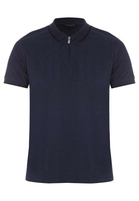 Mens Navy Cable Jacquard Pattern Polo Shirt