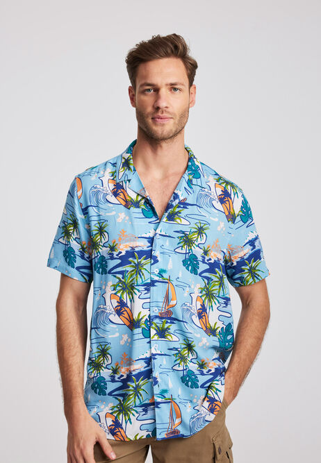 Mens Blue Hawaiian Print Shirt