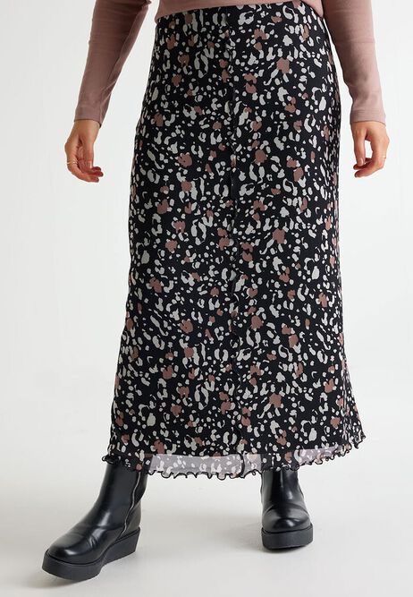 Womens Black Leopard Print Mesh Midi Skirt