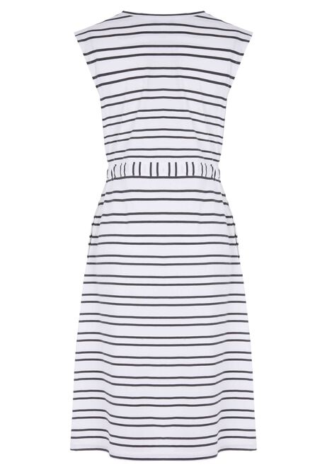 Womens Black & White Striped Belted Dress